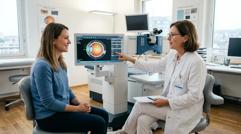 Oční lékařka vysvětluje pacientce průběh laserové operace očí na moderním přístroji