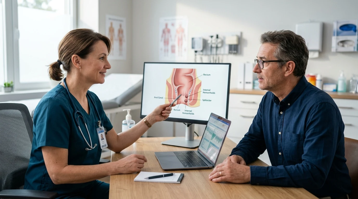 Lékařka na proktologii vysvětluje pacientovi anatomické schéma léčby hemoroidů