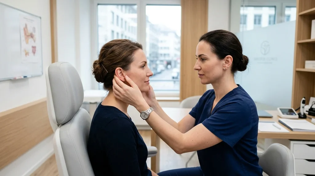 Plastická chirurgička na konzultaci před otoplastikou vyšetřuje ušní boltec pacientky