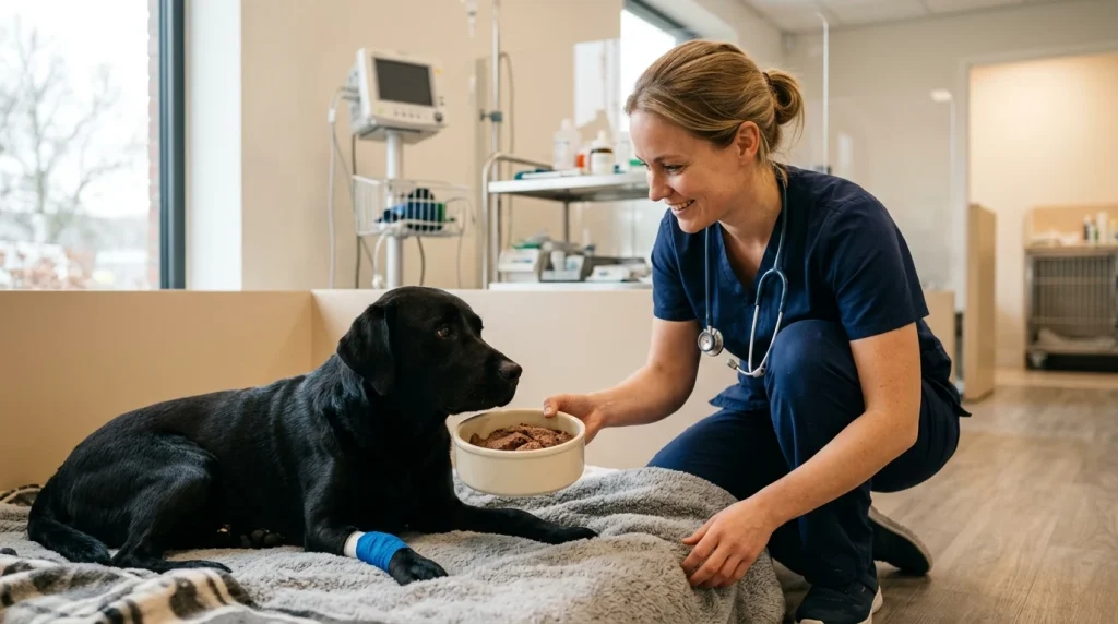 Veterinářka podává psovi v rekonvalescenci šetřící krmivo v misce