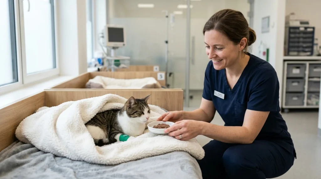 Veterinářka nabízí zotavující se kočce po operaci mističku s rekonvalescentní stravou