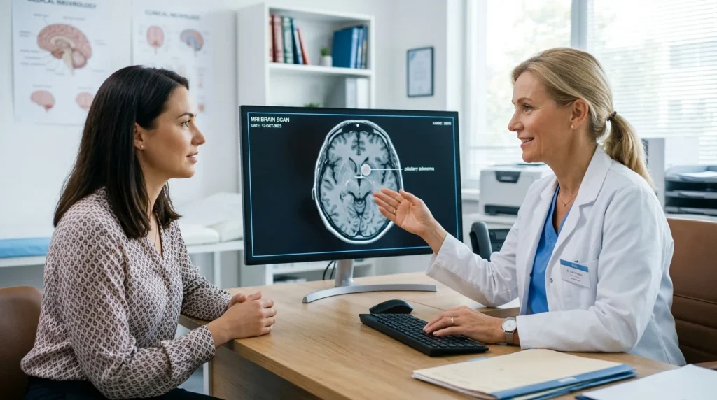 Neurochirurgička vysvětluje pacientce nález adenomu hypofýzy na magnetické rezonanci mozku